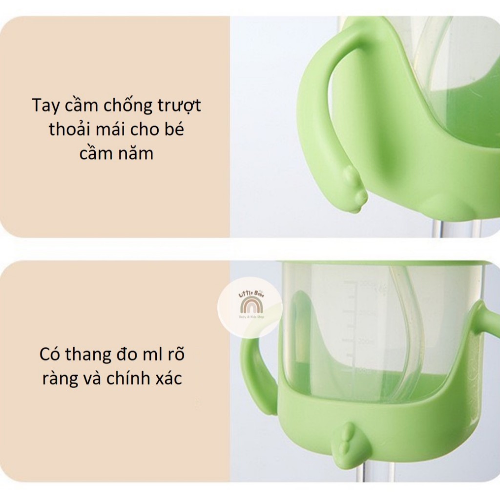 Cốc uống nước khủng long dung tích 300ml ống hút chống sặc tay cầm silicon chống trượt bình uống nước cho bé từ 8 tháng