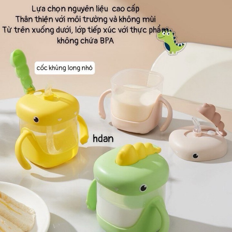 Cốc uống nước khủng long dung tích 300ml ống hút chống sặc tay cầm silicon chống trượt bình uống nước cho bé từ 8 tháng