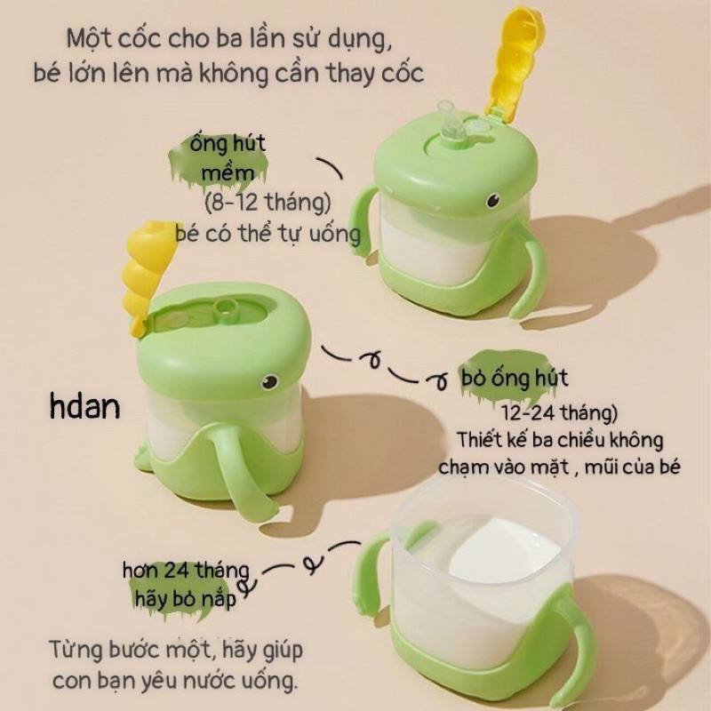 Cốc uống nước khủng long dung tích 300ml ống hút chống sặc tay cầm silicon chống trượt bình uống nước cho bé từ 8 tháng