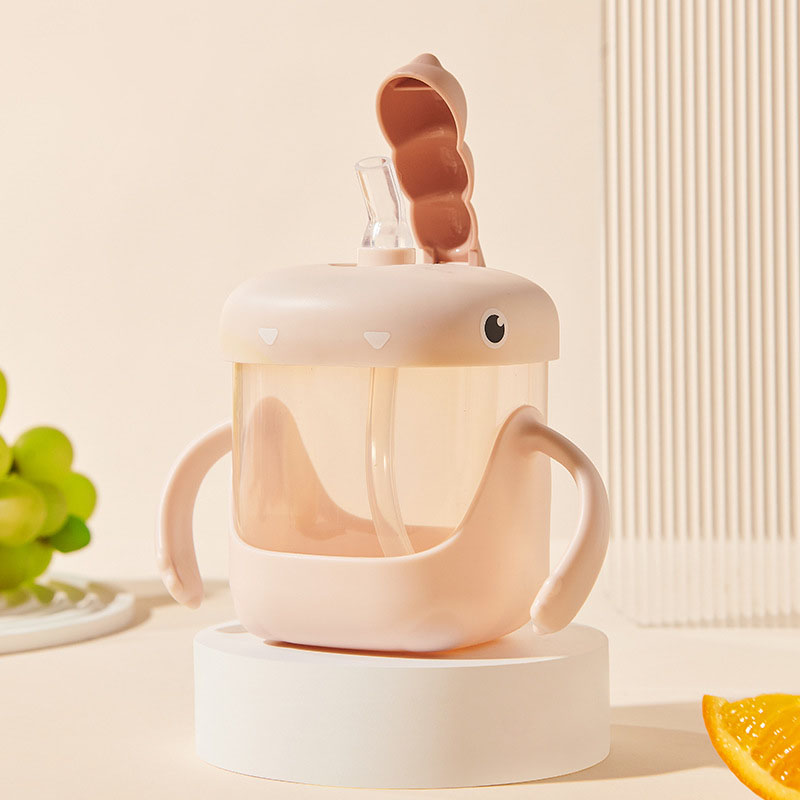 Cốc uống nước khủng long dung tích 300ml ống hút chống sặc tay cầm silicon chống trượt bình uống nước cho bé từ 8 tháng