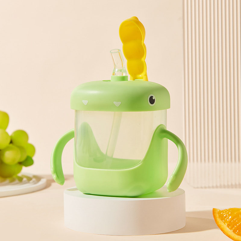 Cốc uống nước khủng long dung tích 300ml ống hút chống sặc tay cầm silicon chống trượt bình uống nước cho bé từ 8 tháng