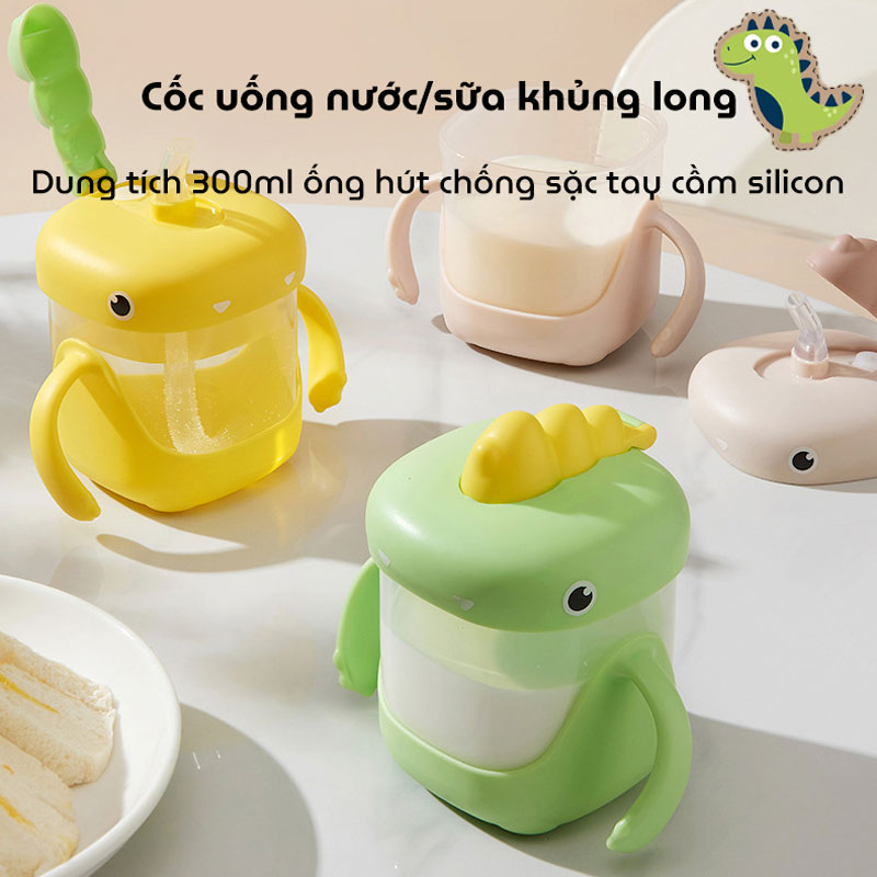 Cốc uống nước khủng long dung tích 300ml ống hút chống sặc tay cầm silicon chống trượt bình uống nước cho bé từ 8 tháng