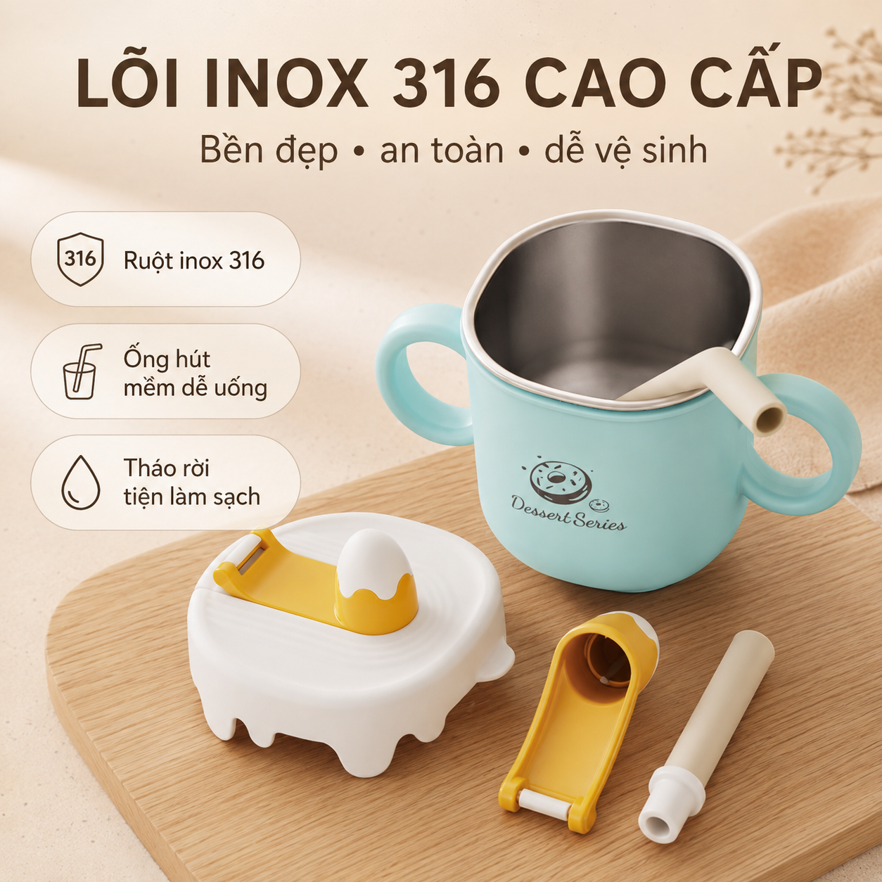 Cốc uống sữa cho bé lõi inox 316 Dessert Serial cốc tập uống 2 chế độ có ống hút silicone mềm, vỏ pp cách nhiệt, vạch chia rõ ràng 260ml, dễ tháo rời vệ sinh