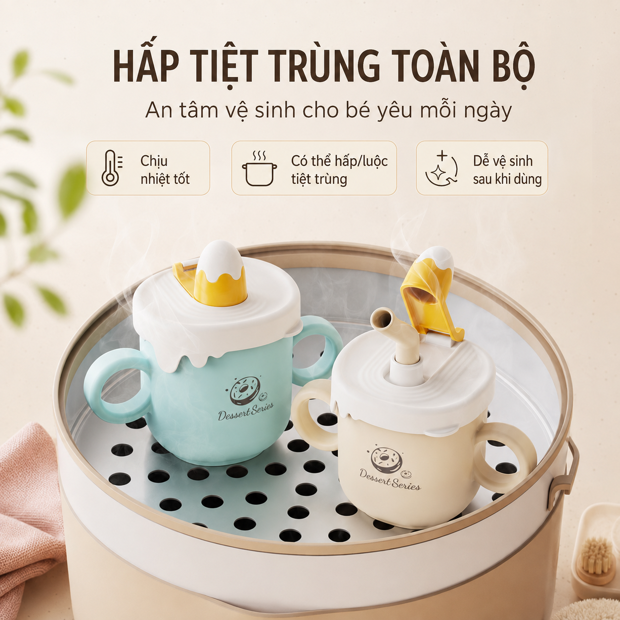 Cốc uống sữa cho bé lõi inox 316 Dessert Serial cốc tập uống 2 chế độ có ống hút silicone mềm, vỏ pp cách nhiệt, vạch chia rõ ràng 260ml, dễ tháo rời vệ sinh