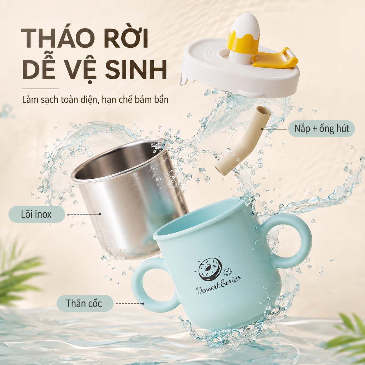 Cốc uống sữa cho bé lõi inox 316 Dessert Serial cốc tập uống 2 chế độ có ống hút silicone mềm, vỏ pp cách nhiệt, vạch chia rõ ràng 260ml, dễ tháo rời vệ sinh