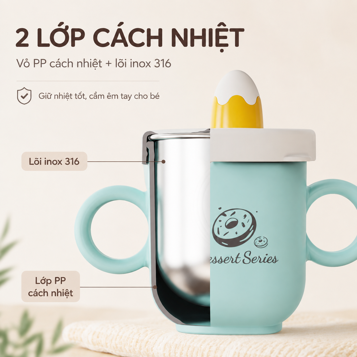 Cốc uống sữa cho bé lõi inox 316 Dessert Serial cốc tập uống 2 chế độ có ống hút silicone mềm, vỏ pp cách nhiệt, vạch chia rõ ràng 260ml, dễ tháo rời vệ sinh