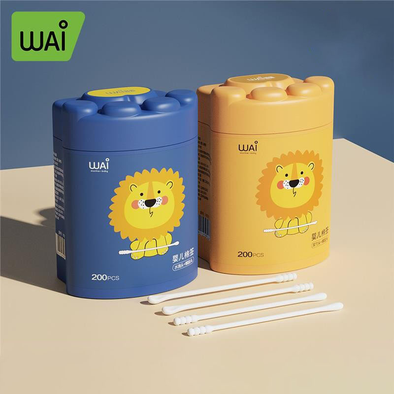Combo 2 hộp 200 tăm bông cho bé sơ sinh WAI KidsWorld bông tự nhiên cao cấp, Kháng Khuẩn, thiết kế chống tổn thương