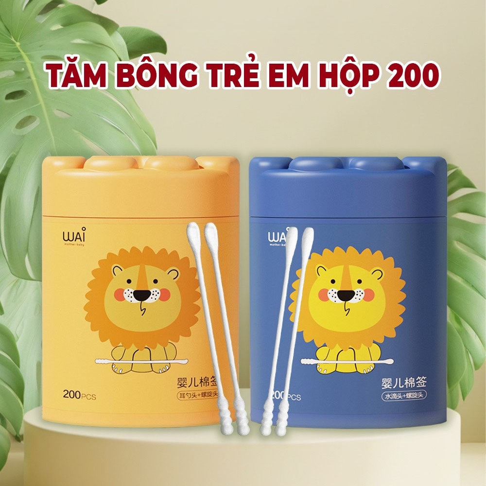 Combo 2 hộp 200 tăm bông cho bé sơ sinh WAI KidsWorld bông tự nhiên cao cấp, Kháng Khuẩn, thiết kế chống tổn thương