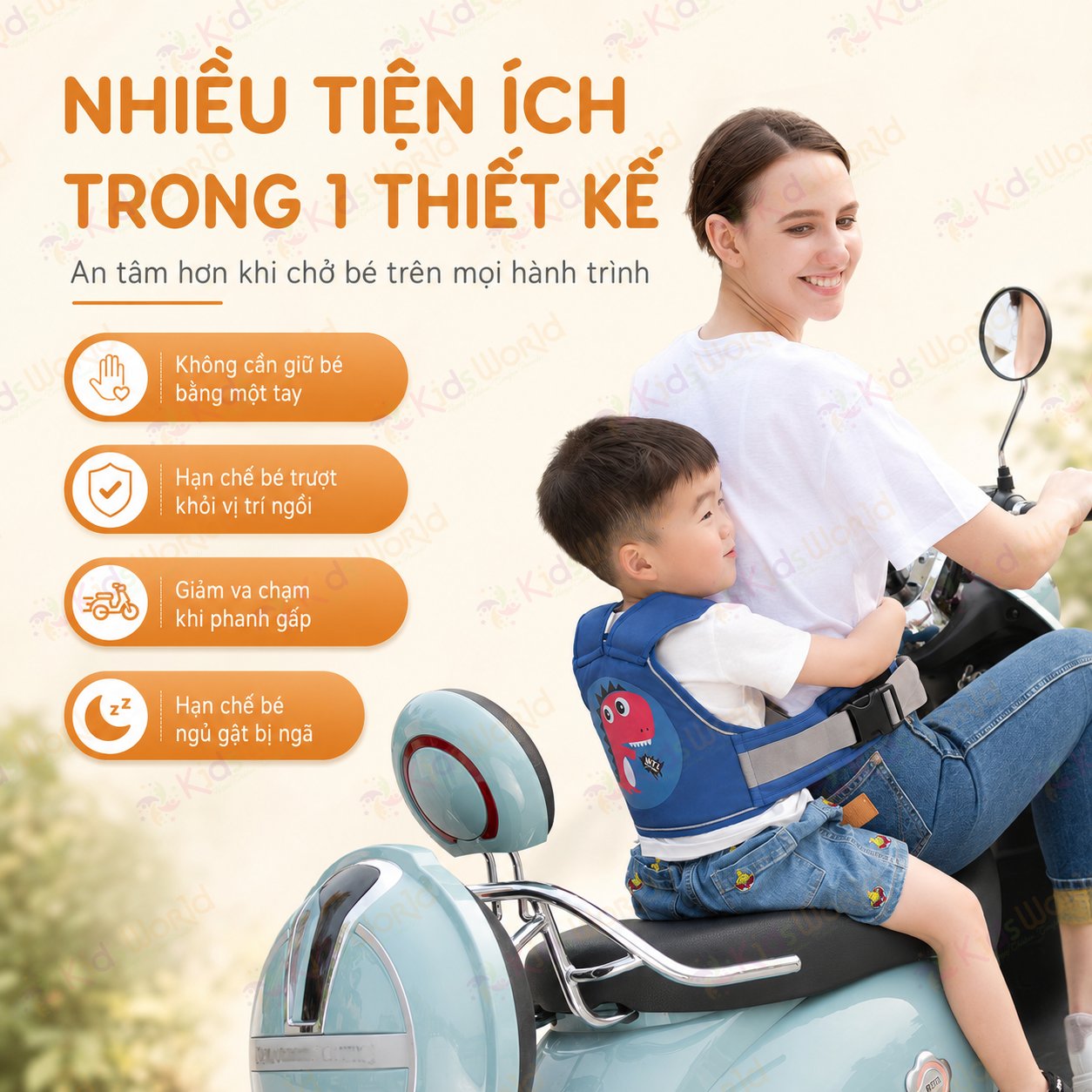 Đai đi xe máy cho bé an toàn Aiebao đai ôm eo kép chống trượt, dây điều chỉnh linh hoạt, có phản quang ban đêm cho bé 9 tháng đến 10 tuổi