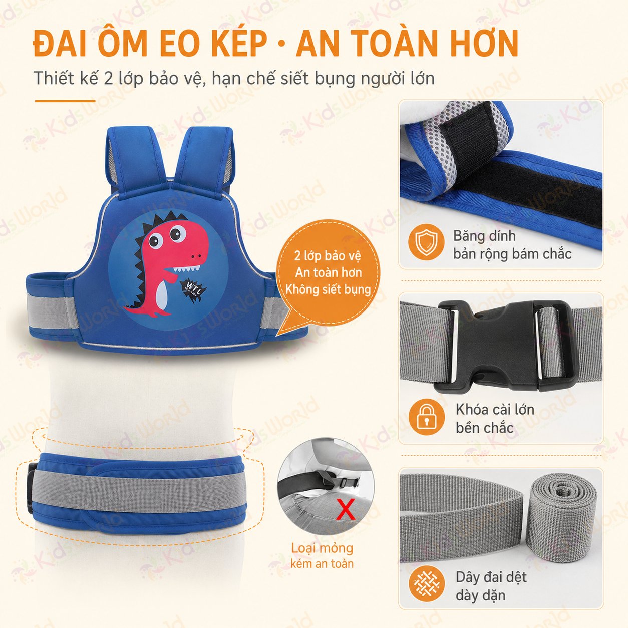 Đai đi xe máy cho bé an toàn Aiebao đai ôm eo kép chống trượt, dây điều chỉnh linh hoạt, có phản quang ban đêm cho bé 9 tháng đến 10 tuổi