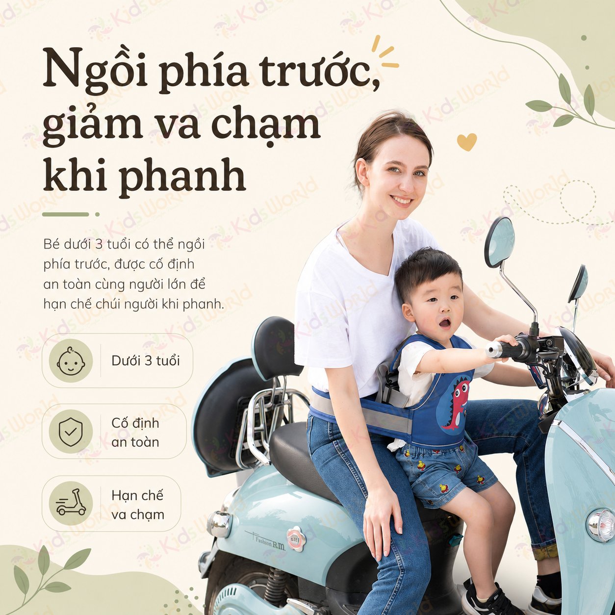 Đai đi xe máy cho bé an toàn Aiebao đai ôm eo kép chống trượt, dây điều chỉnh linh hoạt, có phản quang ban đêm cho bé 9 tháng đến 10 tuổi