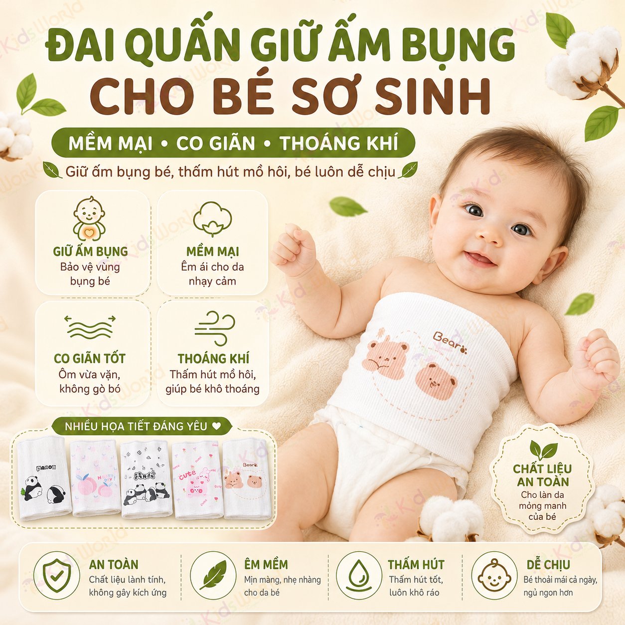 Set 2 đai nịt quấn bụng giữ ấm cho bé sơ sinh chất liệu cotton co giãn, siêu mềm mại, thấm hút mồ hôi tốt