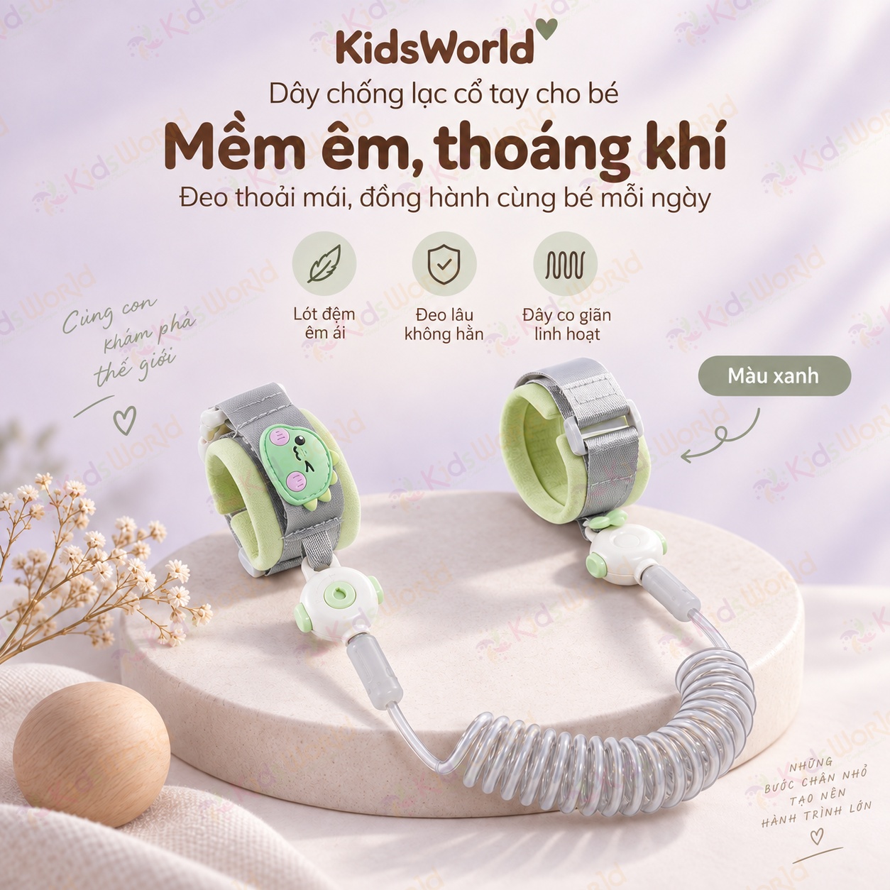 Dây chống lạc cho bé đeo cổ tay dây dắt bé an toàn co giãn 2m, khóa chống mở, lõi thép 304 bọc TPU, đeo êm tay cho trẻ 1–8 tuổi