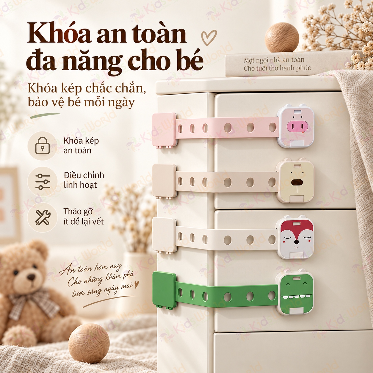 Dây đai khóa chống mở tủ ngăn kéo tủ lạnh máy giặt cho bé an toàn điều chỉnh 6 nấc, chất liệu ABS + PP không BPA