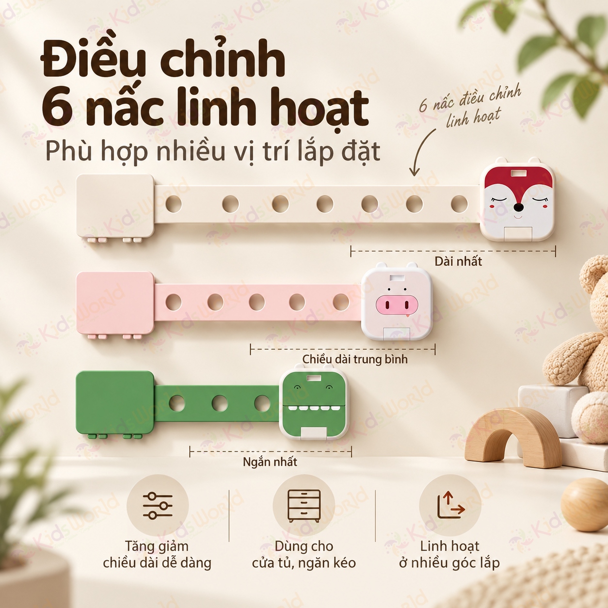 Dây đai khóa chống mở tủ ngăn kéo tủ lạnh máy giặt cho bé an toàn điều chỉnh 6 nấc, chất liệu ABS + PP không BPA
