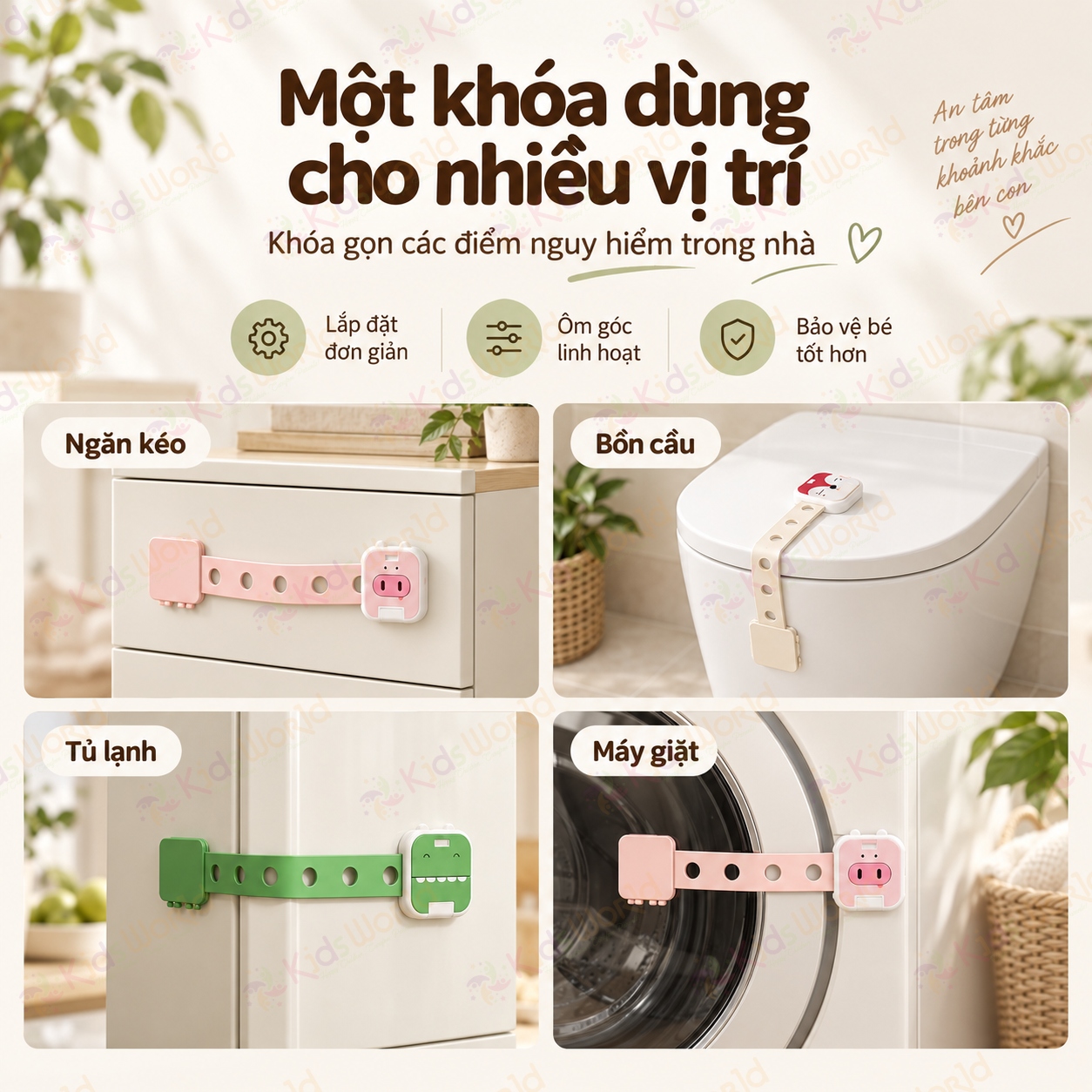 Dây đai khóa chống mở tủ ngăn kéo tủ lạnh máy giặt cho bé an toàn điều chỉnh 6 nấc, chất liệu ABS + PP không BPA