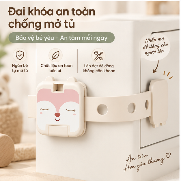 Dây đai khóa chống mở tủ ngăn kéo tủ lạnh máy giặt cho bé an toàn điều chỉnh 6 nấc, chất liệu ABS + PP không BPA