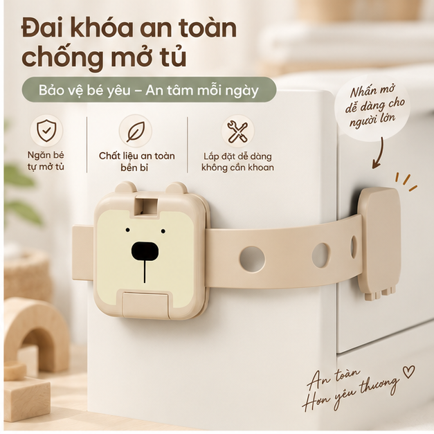 Dây đai khóa chống mở tủ ngăn kéo tủ lạnh máy giặt cho bé an toàn điều chỉnh 6 nấc, chất liệu ABS + PP không BPA