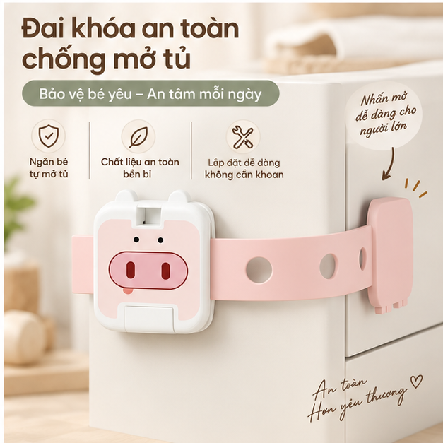 Dây đai khóa chống mở tủ ngăn kéo tủ lạnh máy giặt cho bé an toàn điều chỉnh 6 nấc, chất liệu ABS + PP không BPA
