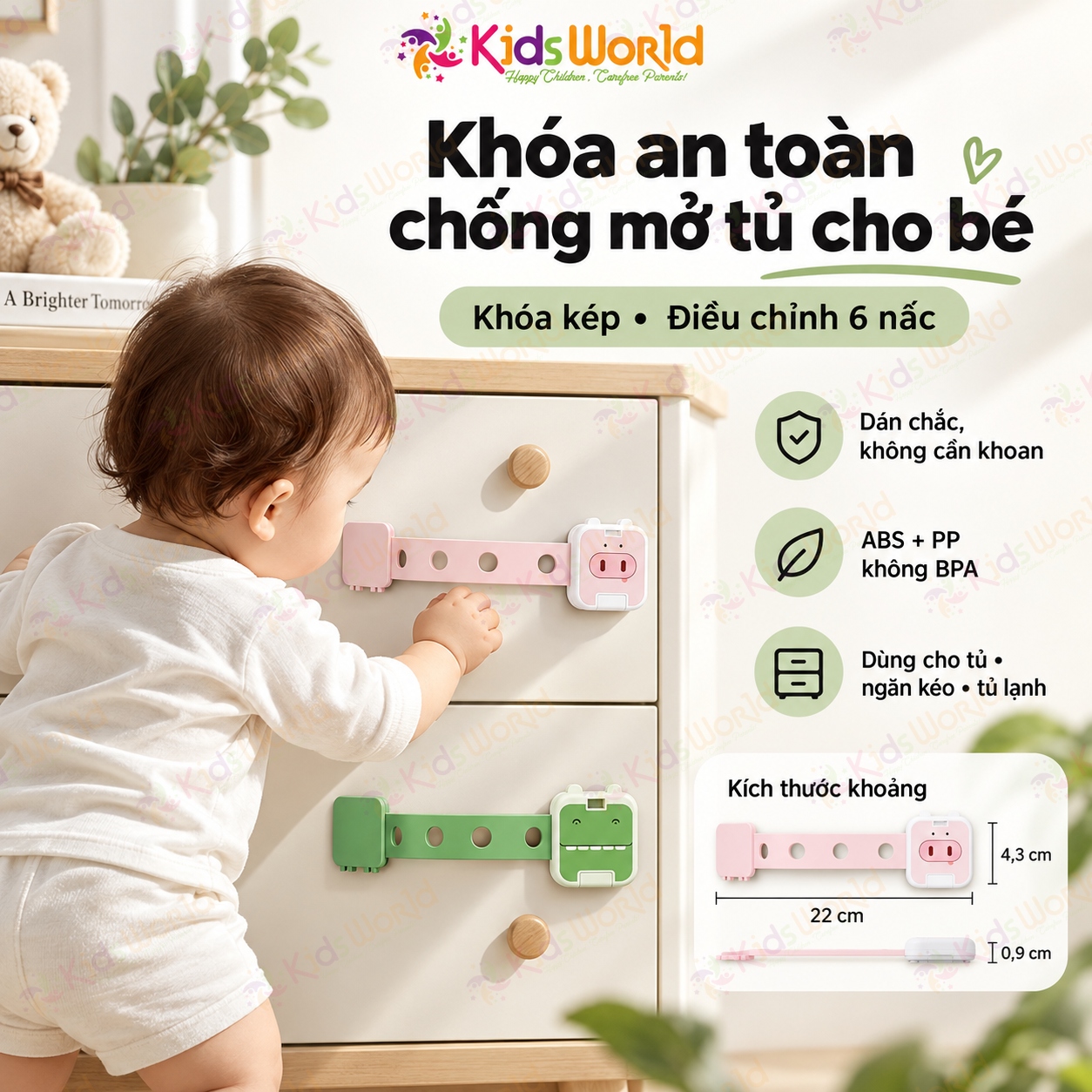 Dây đai khóa chống mở tủ ngăn kéo tủ lạnh máy giặt cho bé an toàn điều chỉnh 6 nấc, chất liệu ABS + PP không BPA