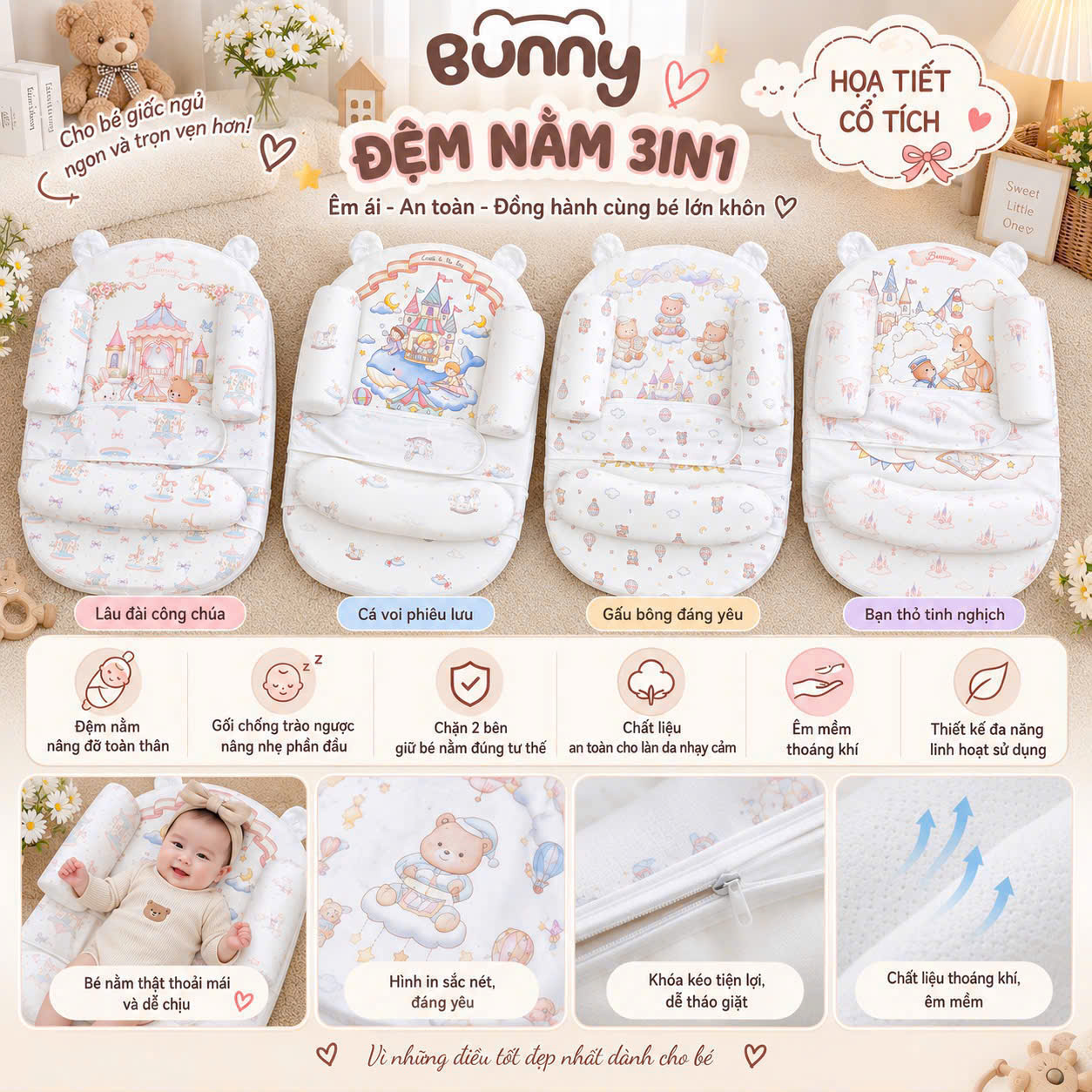 Đệm chống trào ngược BUNNY 3in1 với đai cố định và gối chặn 2 giúp bé nằm thoải mái hơn sau bú, hỗ trợ hạn chế tình trạng nôn trớ và mang đến giấc ngủ êm ái