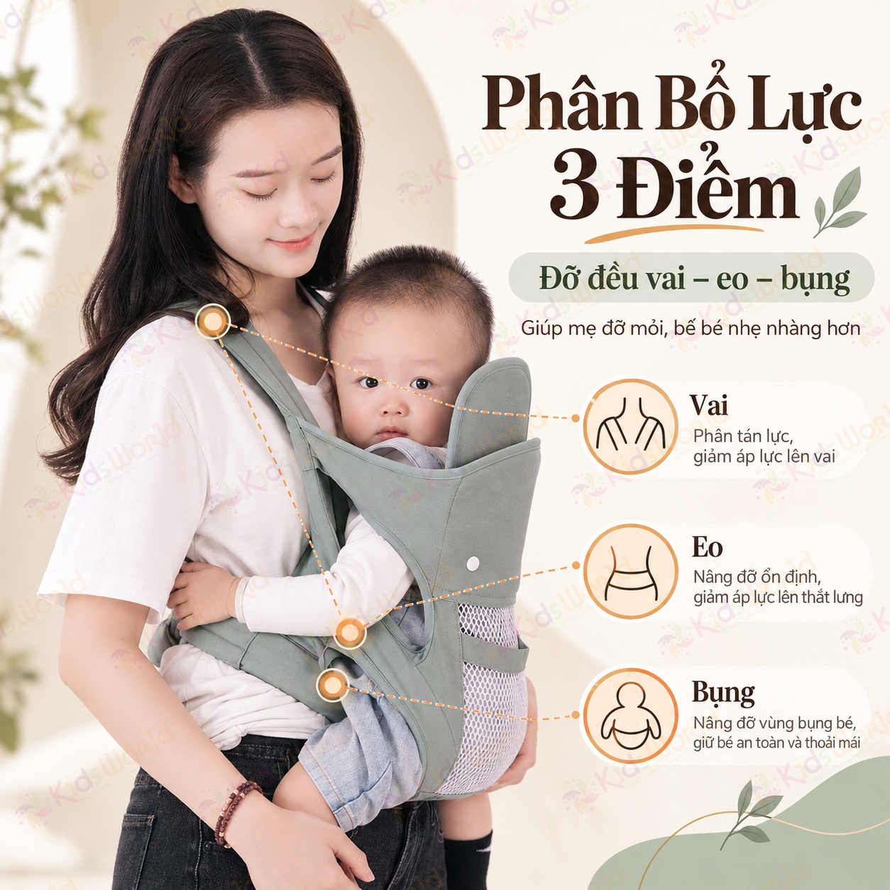 Địu em bé đa năng DEB03 với 4 tư thế phân lực 3 điểm lưới thoáng khí 2 lớp cho trẻ từ 0–36 tháng tải trọng 20kg
