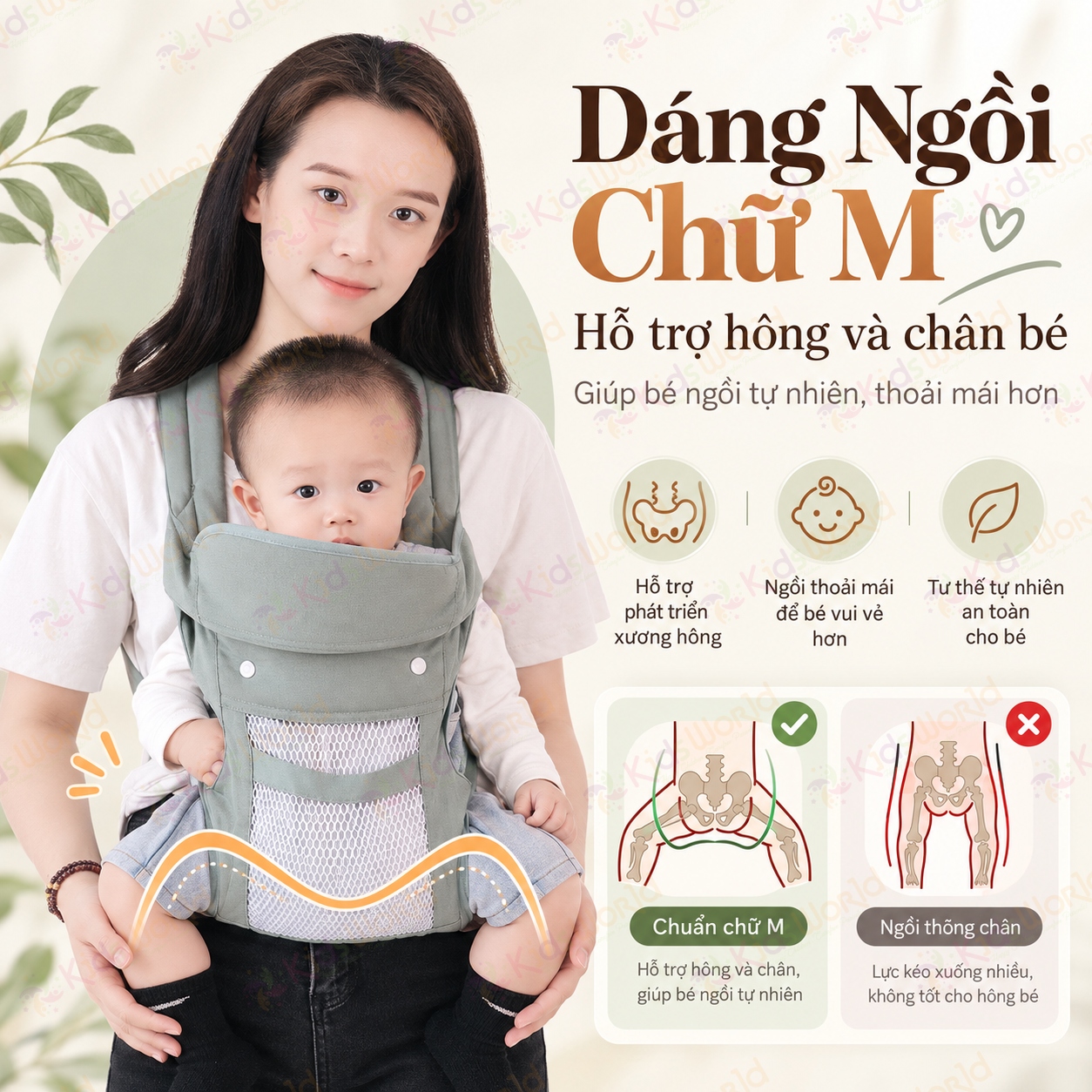 Địu em bé đa năng DEB03 với 4 tư thế phân lực 3 điểm lưới thoáng khí 2 lớp cho trẻ từ 0–36 tháng tải trọng 20kg