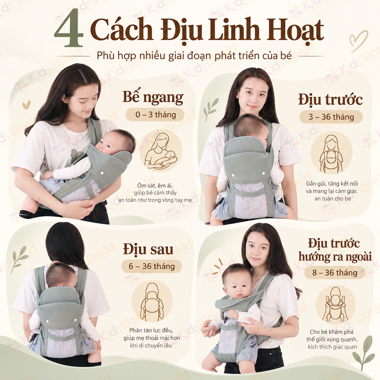 Địu em bé đa năng DEB03 với 4 tư thế phân lực 3 điểm lưới thoáng khí 2 lớp cho trẻ từ 0–36 tháng tải trọng 20kg