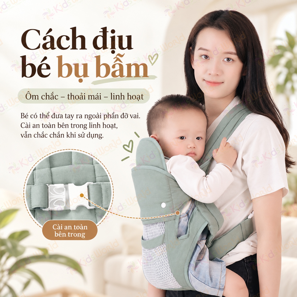 Địu em bé đa năng DEB03 với 4 tư thế phân lực 3 điểm lưới thoáng khí 2 lớp cho trẻ từ 0–36 tháng tải trọng 20kg