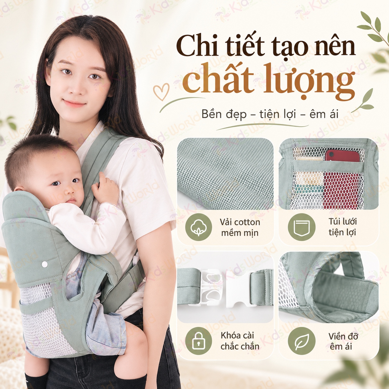 Địu em bé đa năng DEB03 với 4 tư thế phân lực 3 điểm lưới thoáng khí 2 lớp cho trẻ từ 0–36 tháng tải trọng 20kg