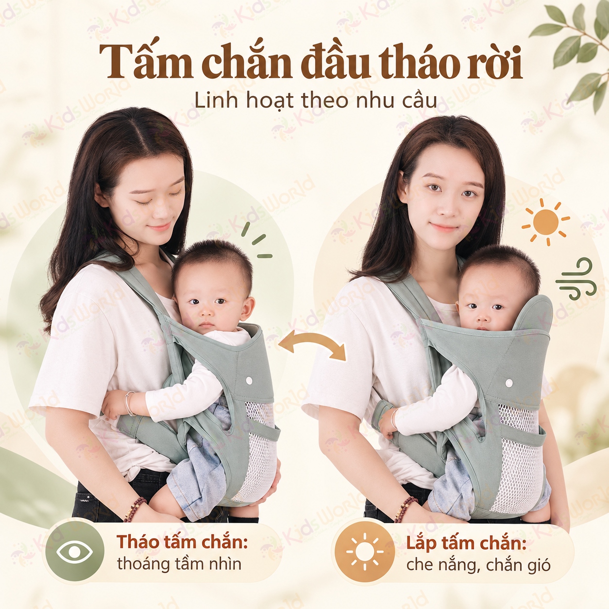 Địu em bé đa năng DEB03 với 4 tư thế phân lực 3 điểm lưới thoáng khí 2 lớp cho trẻ từ 0–36 tháng tải trọng 20kg