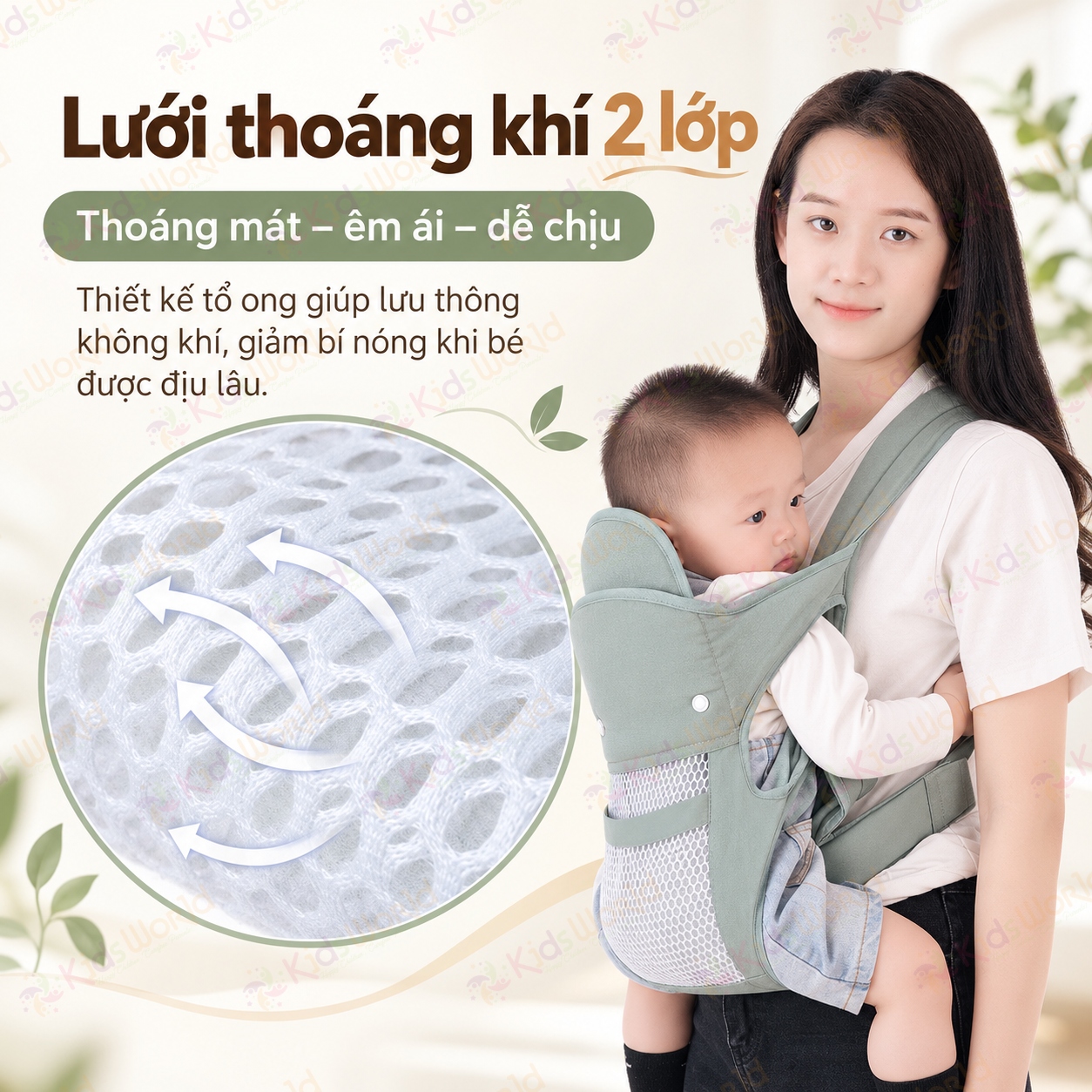 Địu em bé đa năng DEB03 với 4 tư thế phân lực 3 điểm lưới thoáng khí 2 lớp cho trẻ từ 0–36 tháng tải trọng 20kg