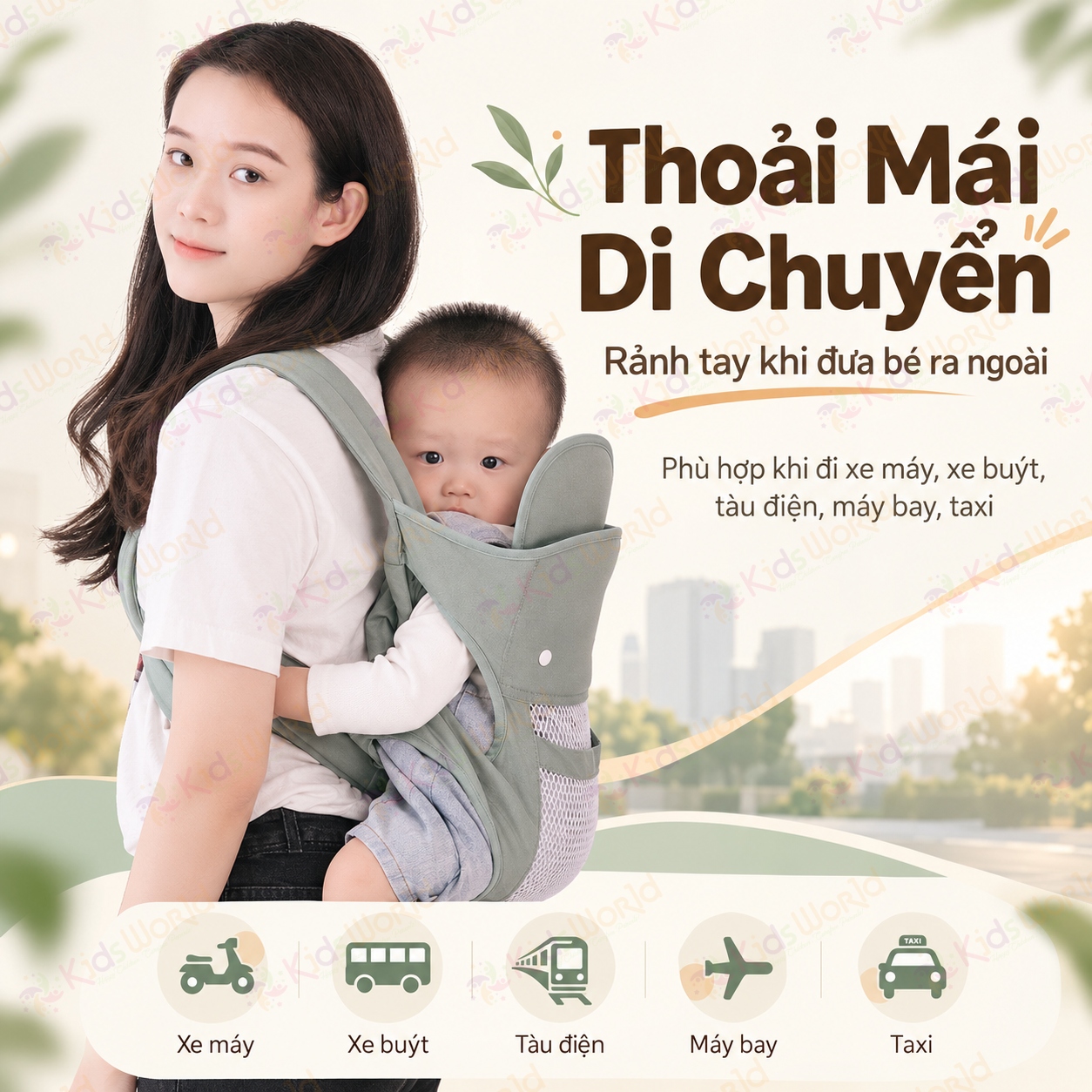 Địu em bé đa năng DEB03 với 4 tư thế phân lực 3 điểm lưới thoáng khí 2 lớp cho trẻ từ 0–36 tháng tải trọng 20kg