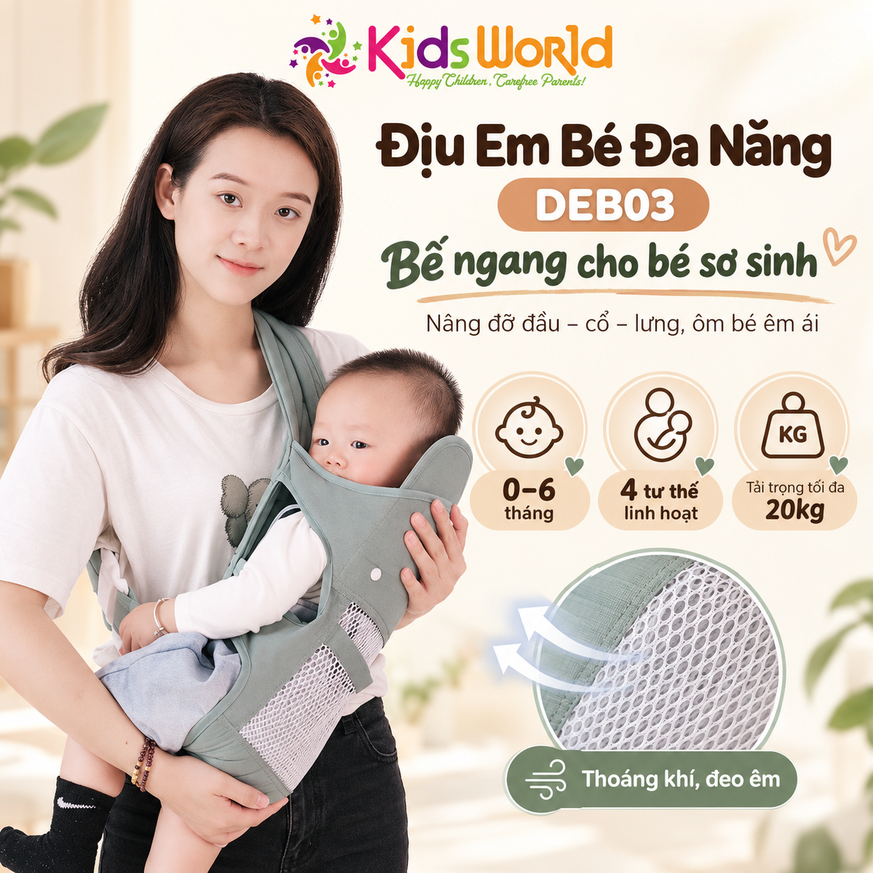 Địu em bé đa năng DEB03 với 4 tư thế phân lực 3 điểm lưới thoáng khí 2 lớp cho trẻ từ 0–36 tháng tải trọng 20kg