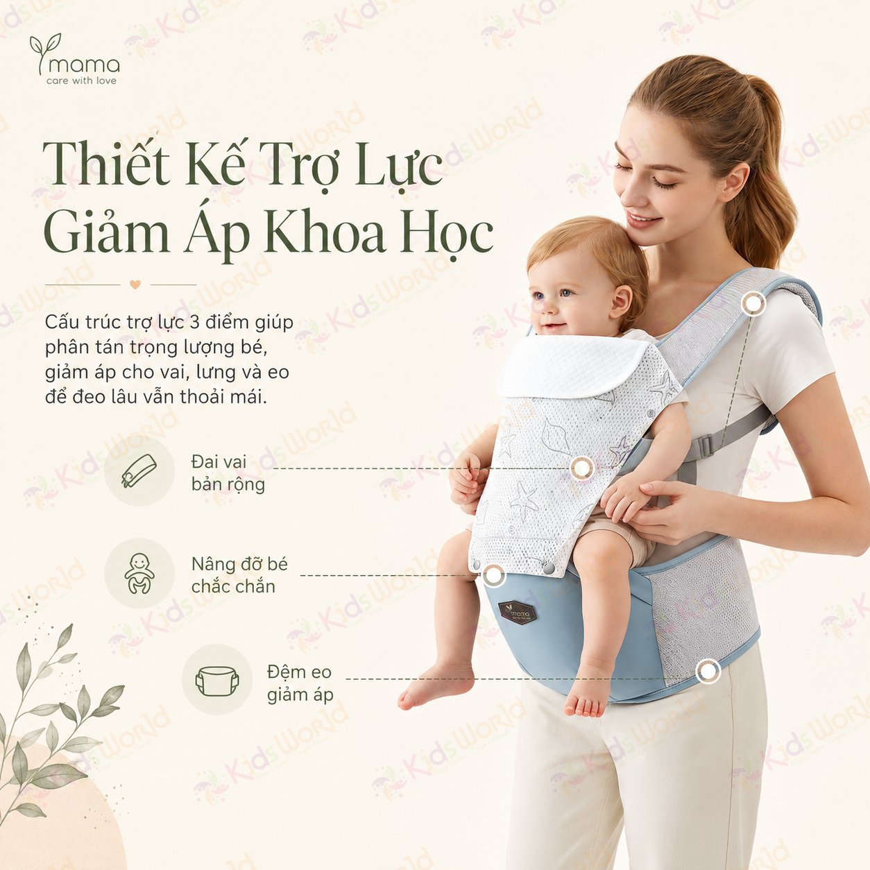 Địu ngồi em bé imama trợ lực 3 điểm, tư thế chữ m, đai vai êm, thoáng khí, có ghế ngồi chống mỏi cho bé 3–36 tháng