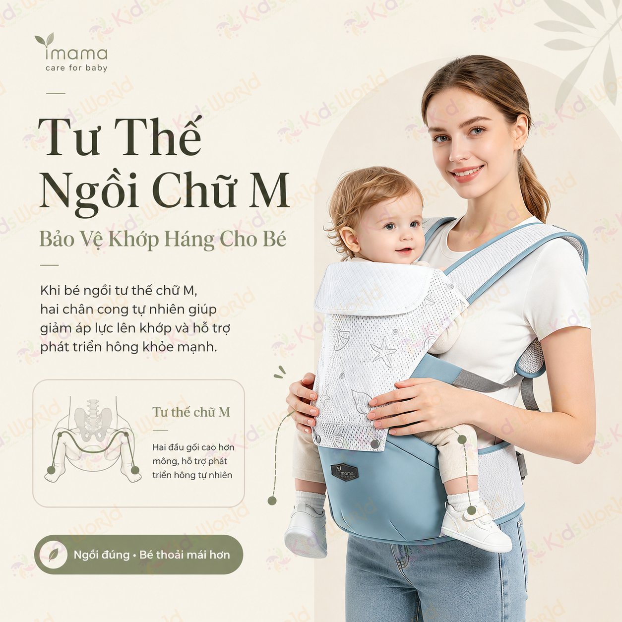 Địu ngồi em bé imama trợ lực 3 điểm, tư thế chữ m, đai vai êm, thoáng khí, có ghế ngồi chống mỏi cho bé 3–36 tháng