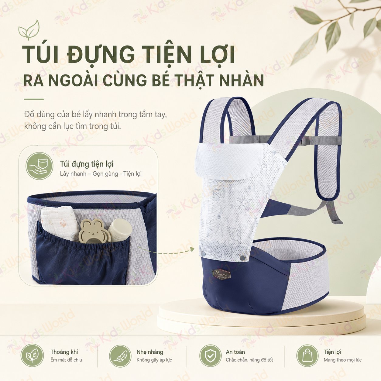 Địu ngồi em bé imama trợ lực 3 điểm, tư thế chữ m, đai vai êm, thoáng khí, có ghế ngồi chống mỏi cho bé 3–36 tháng