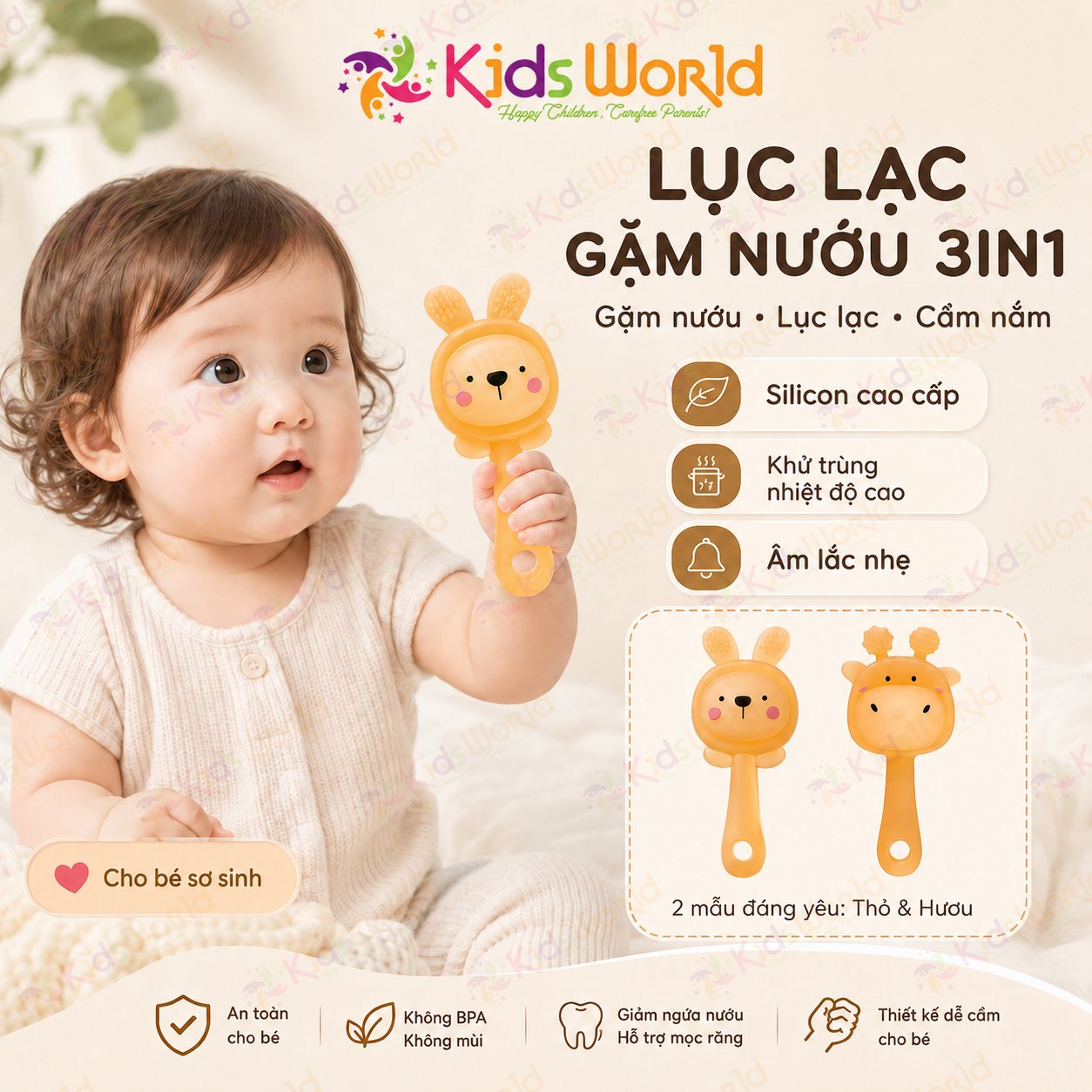 Đồ chơi lục lạc gặm nướu hình thỏ và hươu cầm tay cho bé sơ sinh chất liệu silicon cao cấp có thể khử trùng ở nhiệt độ cao