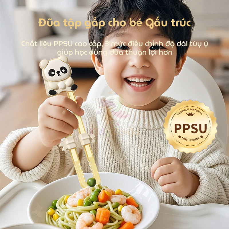 Đũa tâp gặp cho bé tập ăn hình Gấu trúc chất liệu PPSU cao cấp với điều chỉnh 3 mức độ, đầu đũa dạng sóng chống trơn