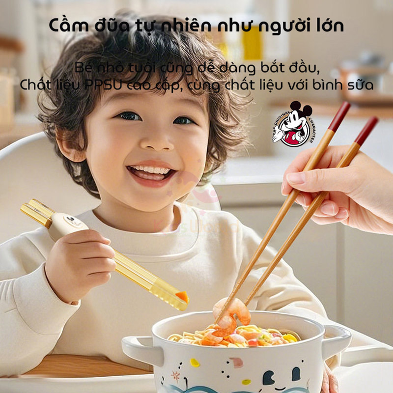 Đũa tập gắp cho bé tập ăn Disney Mickey chất liệu PPSU cao cấp, thiết kế 3 nấc thông minh đầu đũa chống trượt