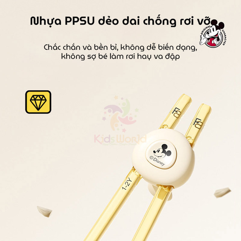 Đũa tập gắp cho bé tập ăn Disney Mickey chất liệu PPSU cao cấp, thiết kế 3 nấc thông minh đầu đũa chống trượt