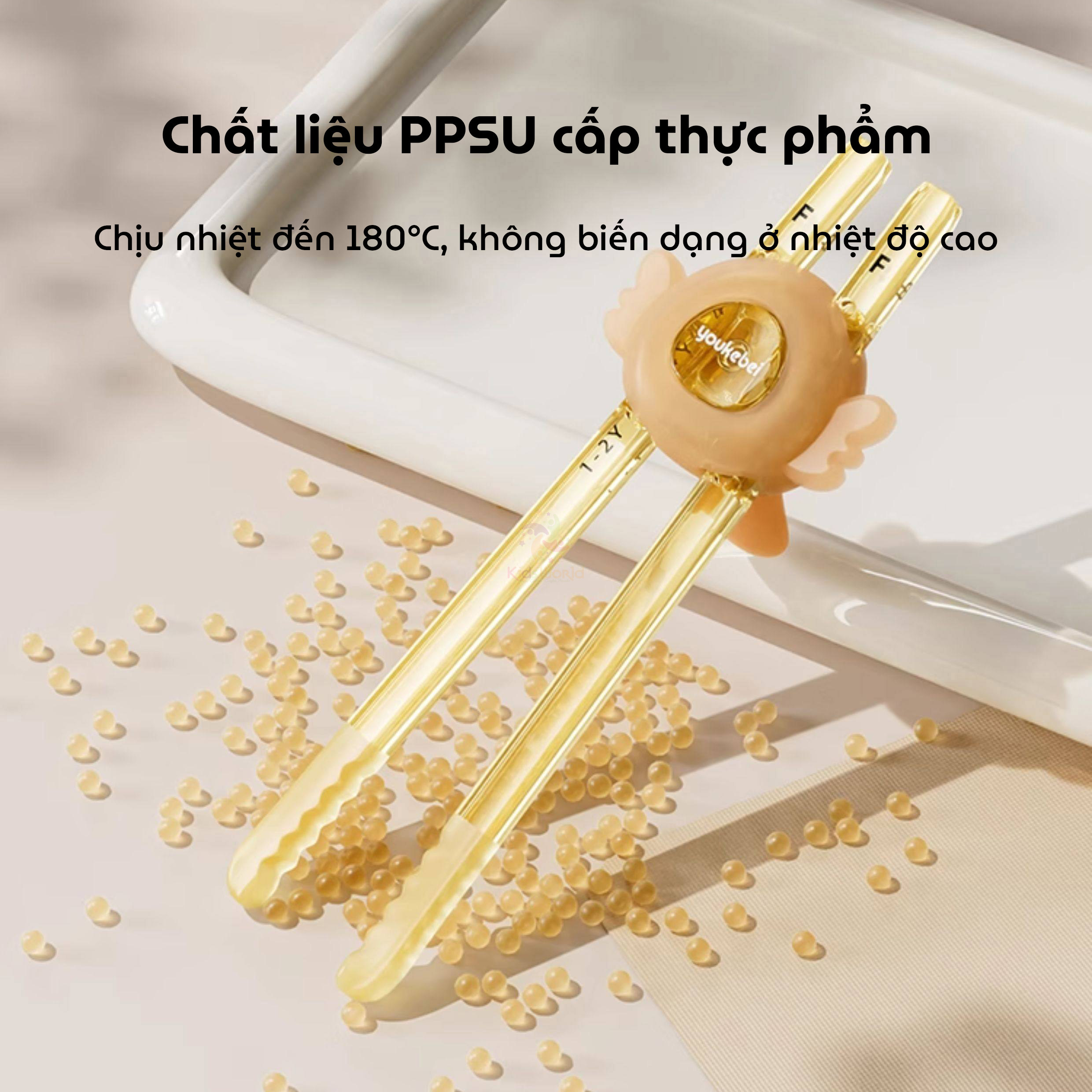 Đũa tập gắp cho bé tập ăn Youkebei hình đôi cánh thiên thần chất liệu PPSU cao cấp, điều chỉnh 3 nấc linh hoạt, đầu đũa silicon gợn sóng chống trượt