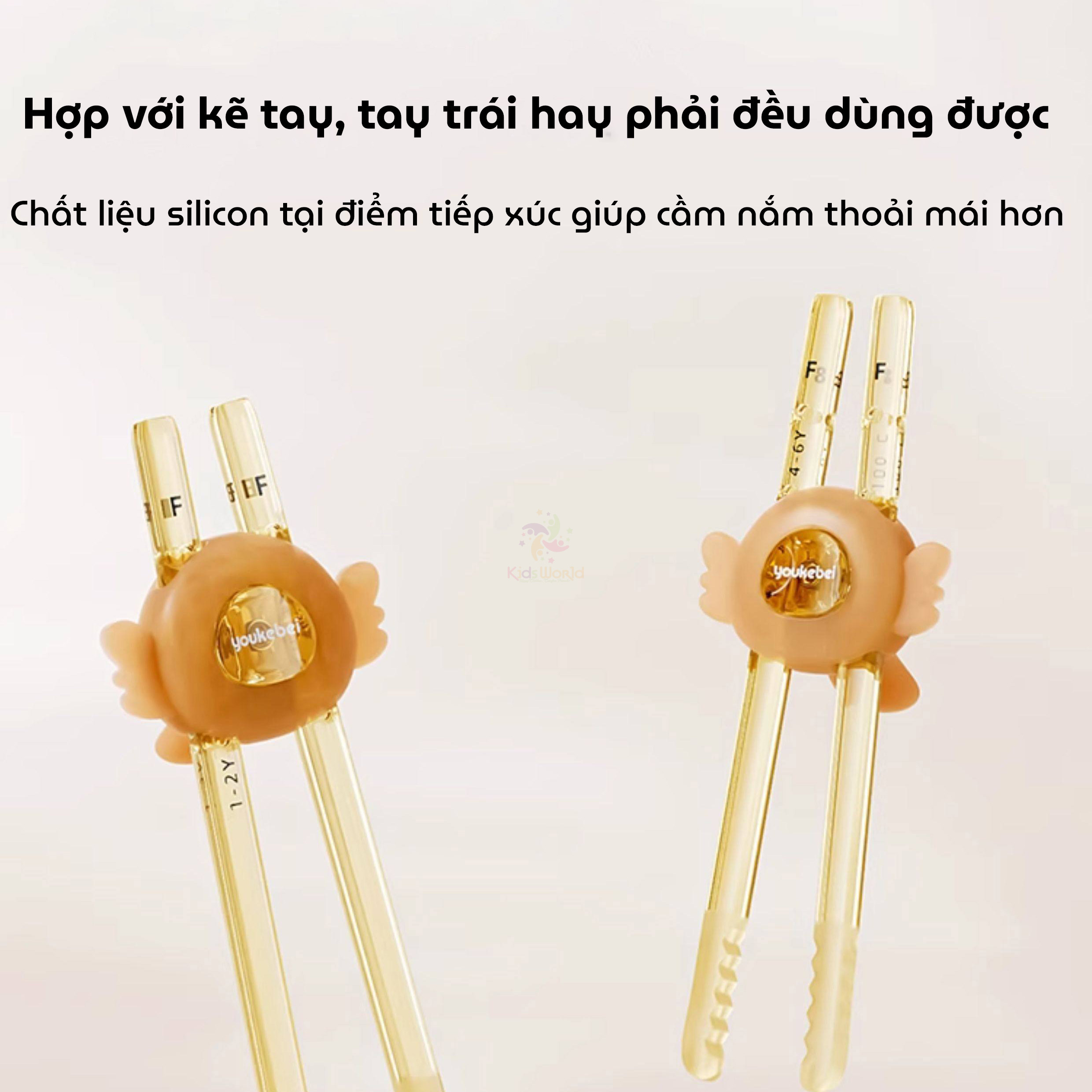 Đũa tập gắp cho bé tập ăn Youkebei hình đôi cánh thiên thần chất liệu PPSU cao cấp, điều chỉnh 3 nấc linh hoạt, đầu đũa silicon gợn sóng chống trượt