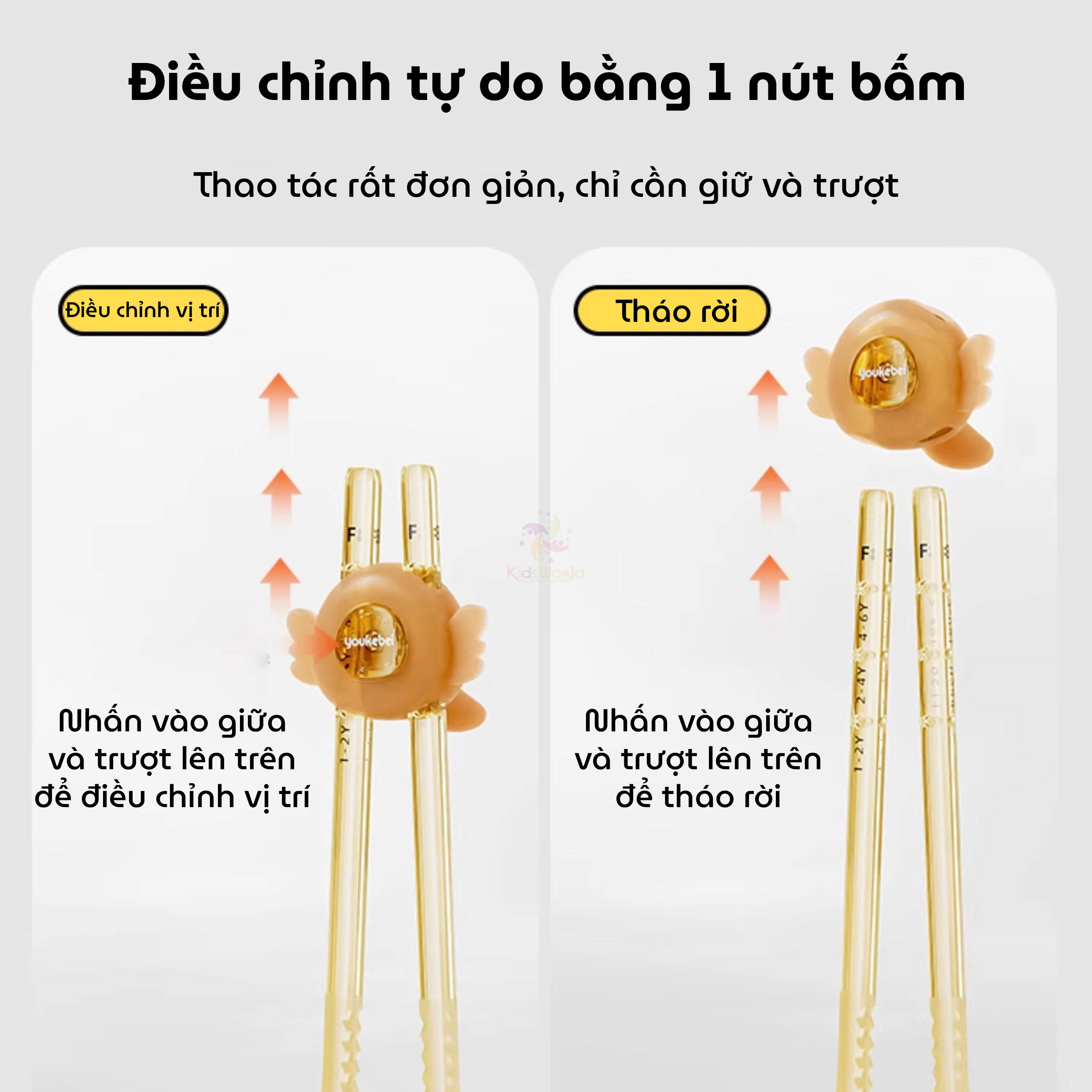 Đũa tập gắp cho bé tập ăn Youkebei hình đôi cánh thiên thần chất liệu PPSU cao cấp, điều chỉnh 3 nấc linh hoạt, đầu đũa silicon gợn sóng chống trượt