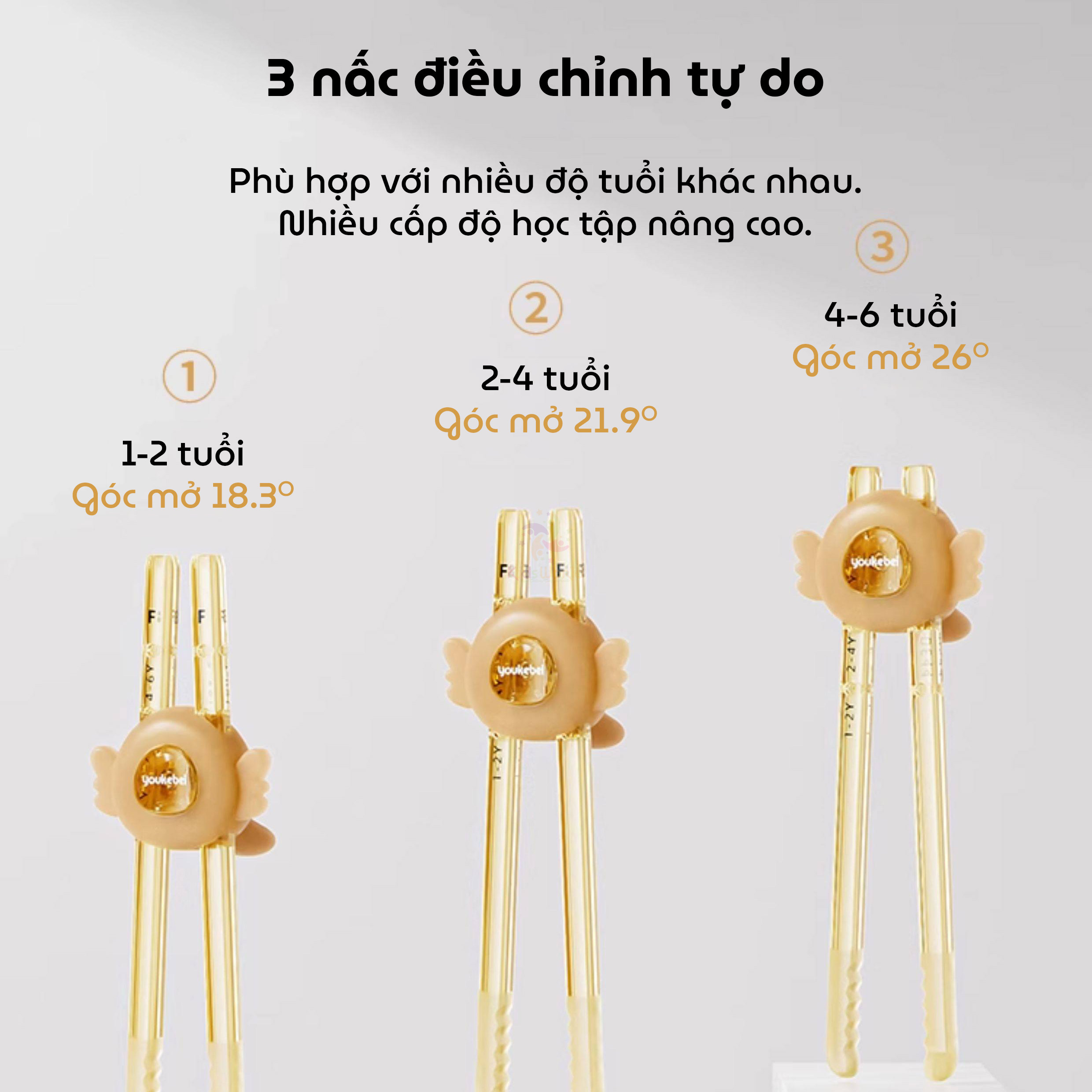 Đũa tập gắp cho bé tập ăn Youkebei hình đôi cánh thiên thần chất liệu PPSU cao cấp, điều chỉnh 3 nấc linh hoạt, đầu đũa silicon gợn sóng chống trượt