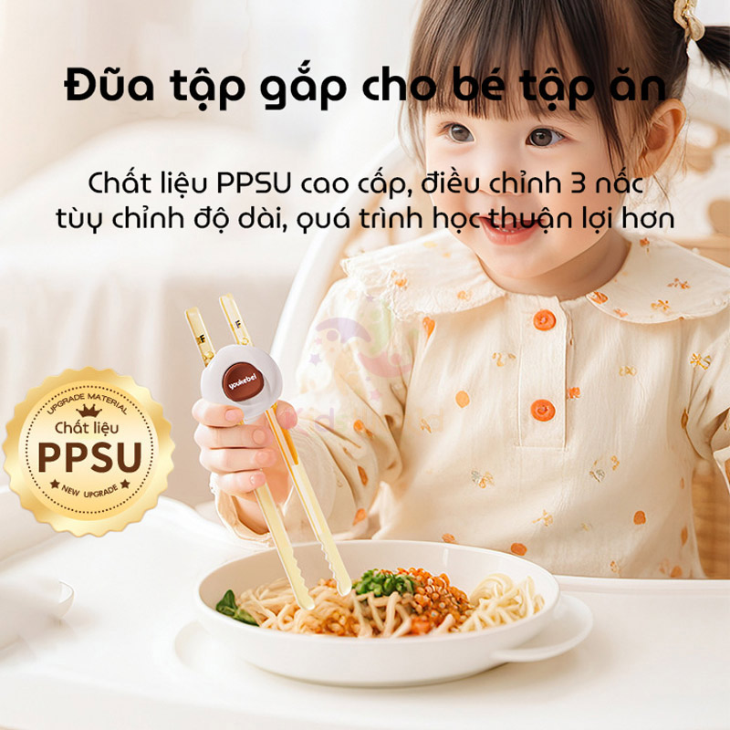 Đũa tập gắp cho bé tập ăn Youkebei màu Socola chất liệu PPSU cao cấp, với nút bấm điều chỉnh 3 nấc, đầu đũa lượn sóng