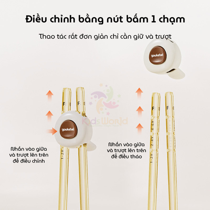 Đũa tập gắp cho bé tập ăn Youkebei màu Socola chất liệu PPSU cao cấp, với nút bấm điều chỉnh 3 nấc, đầu đũa lượn sóng