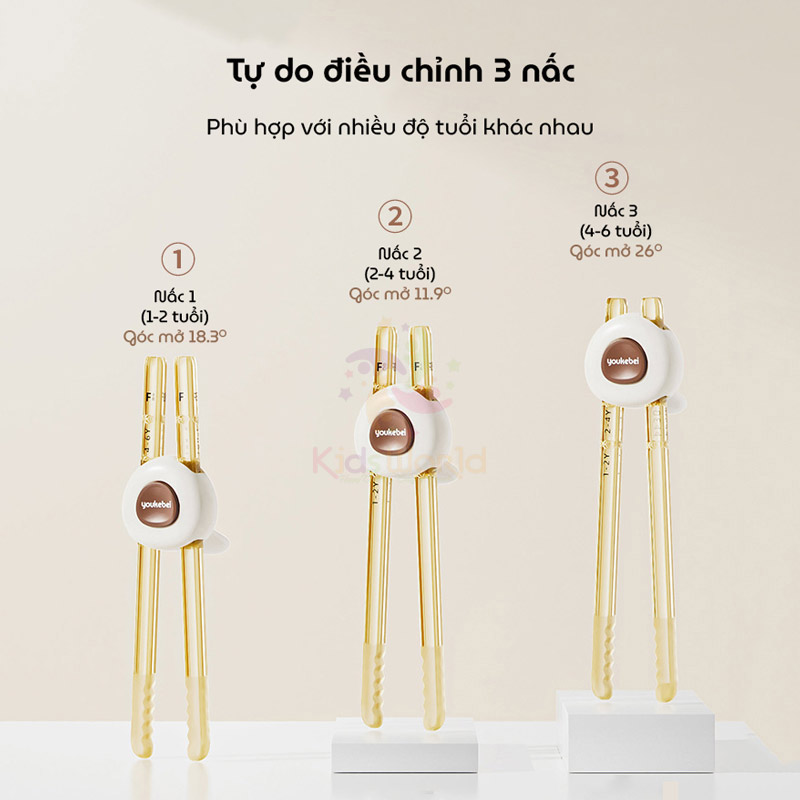 Đũa tập gắp cho bé tập ăn Youkebei màu Socola chất liệu PPSU cao cấp, với nút bấm điều chỉnh 3 nấc, đầu đũa lượn sóng