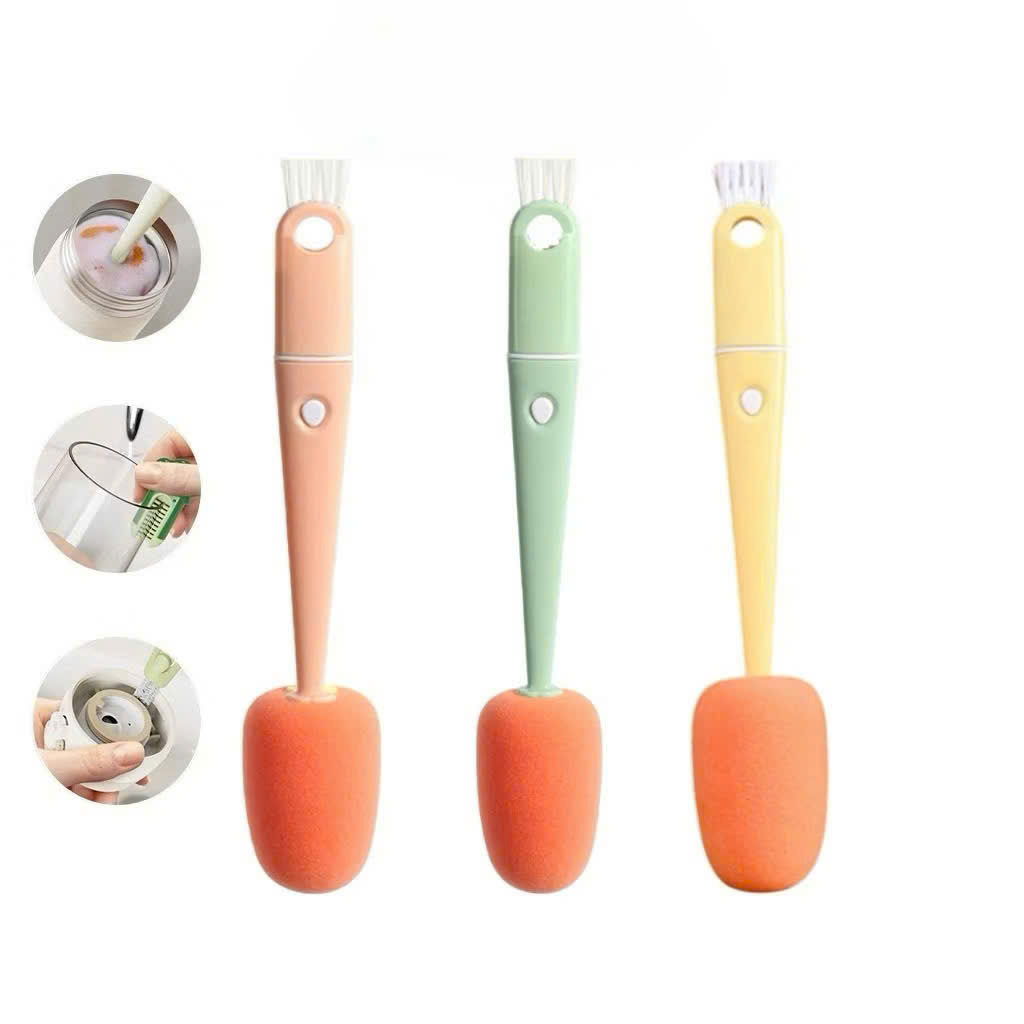 Dụng cụ cọ rửa bình sữa 3in1 hình Carot cán dài chất liệu nhựa ABS, mút bọt biển cao cấp, đầu cọ silicone