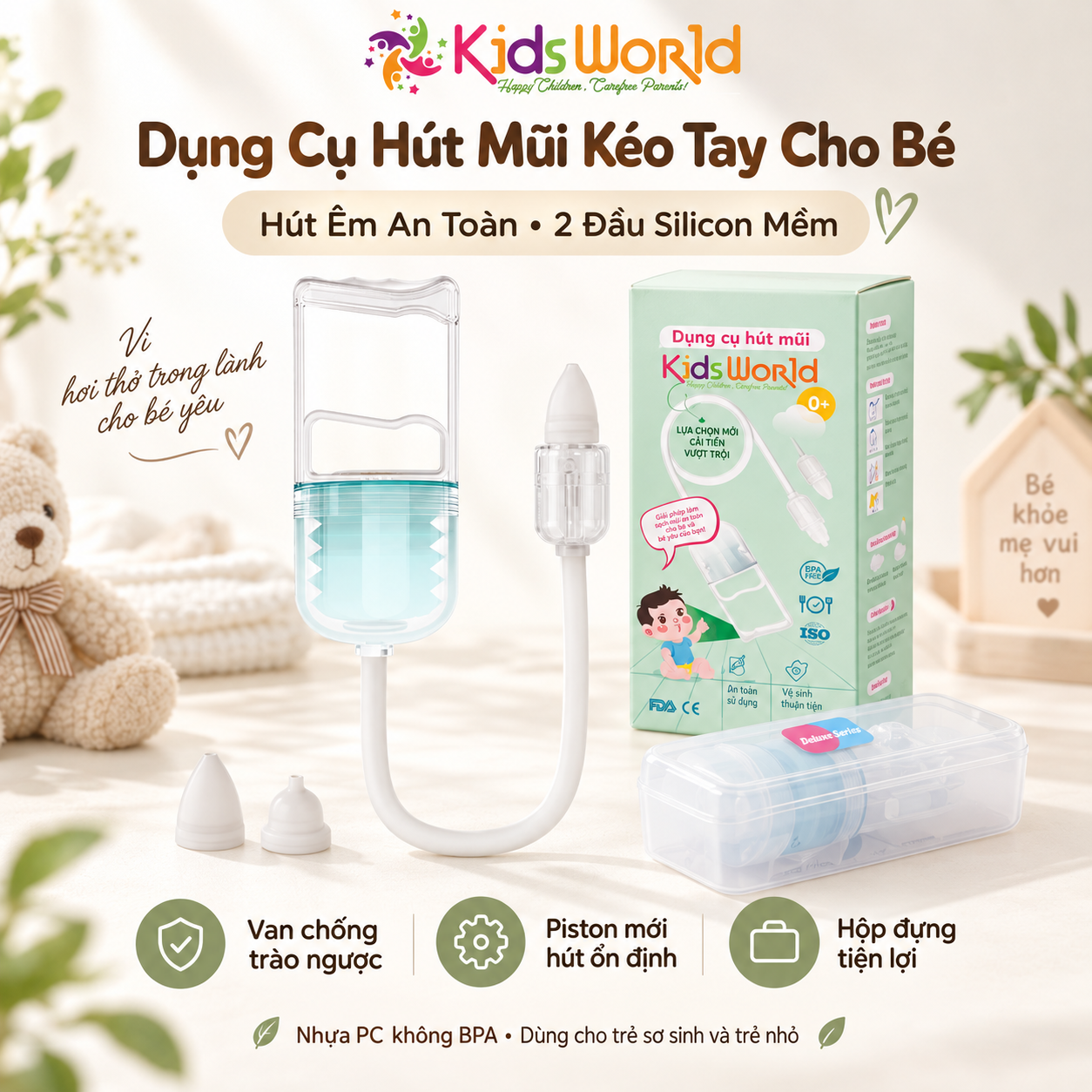 Dụng cụ hút mũi cho bé sơ sinh KidsWorld Nasal Asprirator Pro kéo cầm tay phiên bản mới với 2 đầu hút silicon mềm mại, piston mới chất liệu nhựa nguyên sinh lực hút êm an toàn cho trẻ